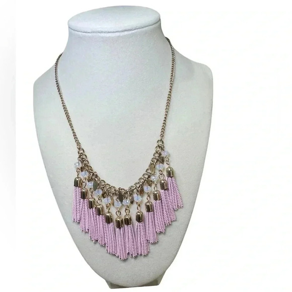 10.5” Pink Crystal Lucite Tassel Chandelier Runway Necklace And Earrings - Picture 2 of 12